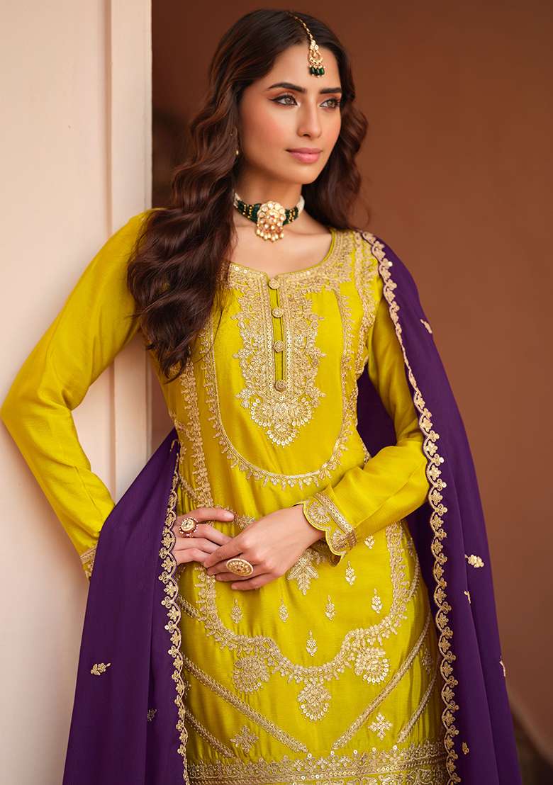 Mustard Embroidery Silk Salwar Kameez - Indya