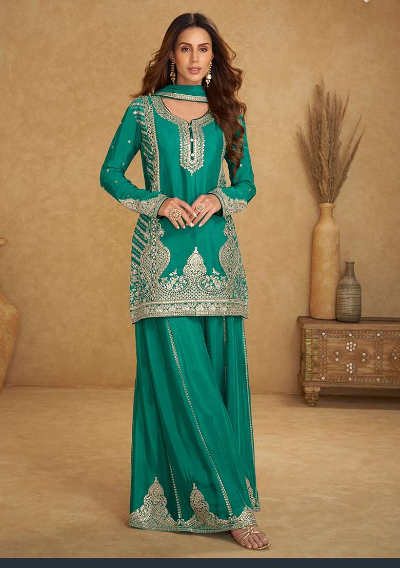 Turquoise Blue Embroidery Chinon Salwar Kameez - Indya