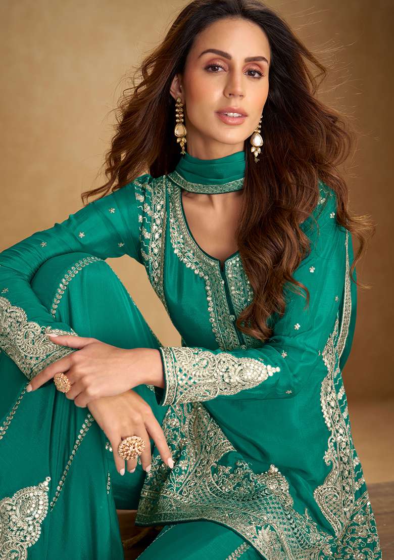 Turquoise Blue Embroidery Chinon Salwar Kameez - Indya