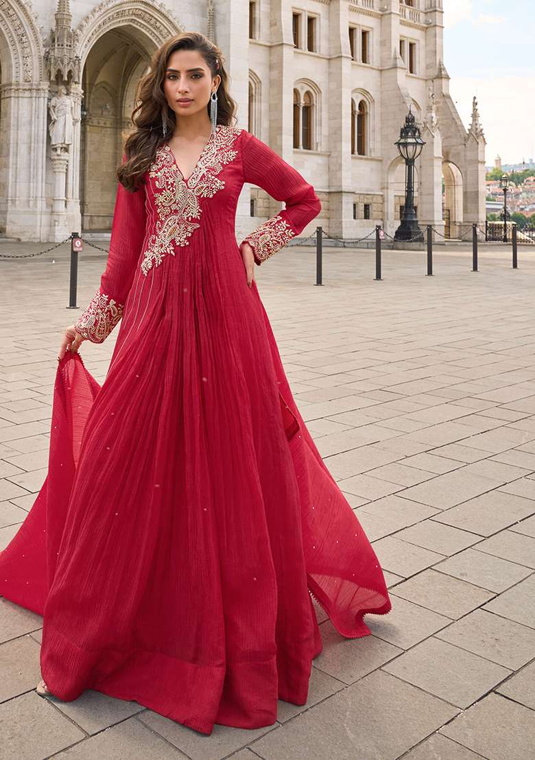 Red Embroidery Silk Blend Salwar Kameez - Indya