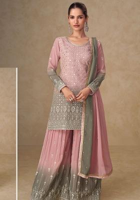 Pink And Grey Embroidery Georgette Salwar Kameez
