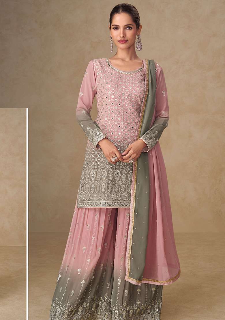 Pink And Grey Embroidery Georgette Salwar Kameez - Indya
