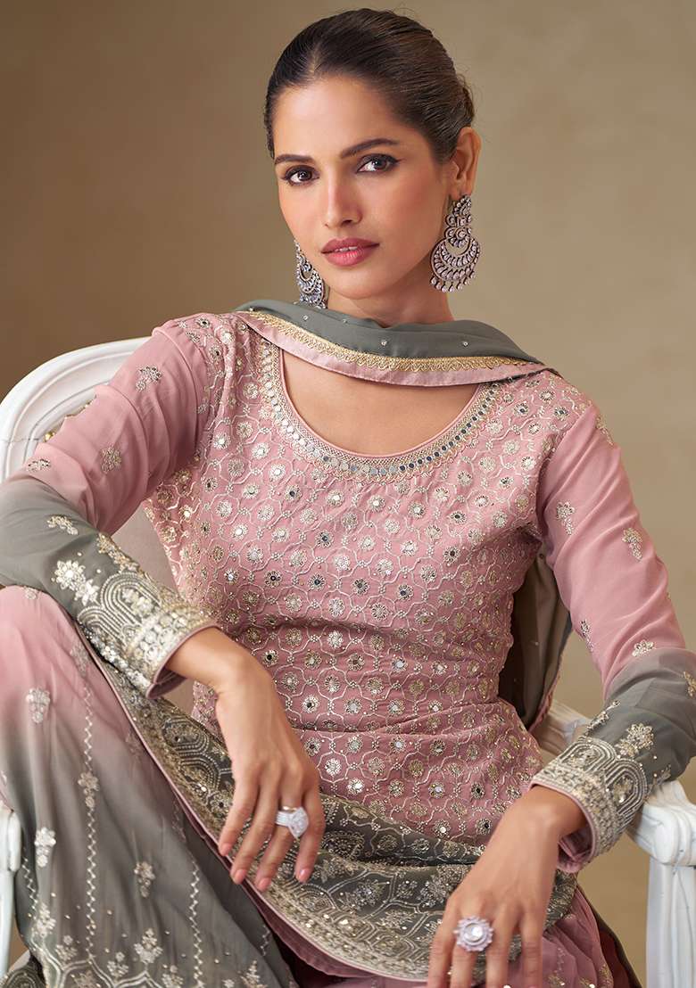 Pink And Grey Embroidery Georgette Salwar Kameez - Indya