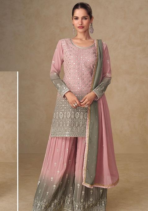 Pink And Grey Embroidery Georgette Salwar Kameez — view on Indya