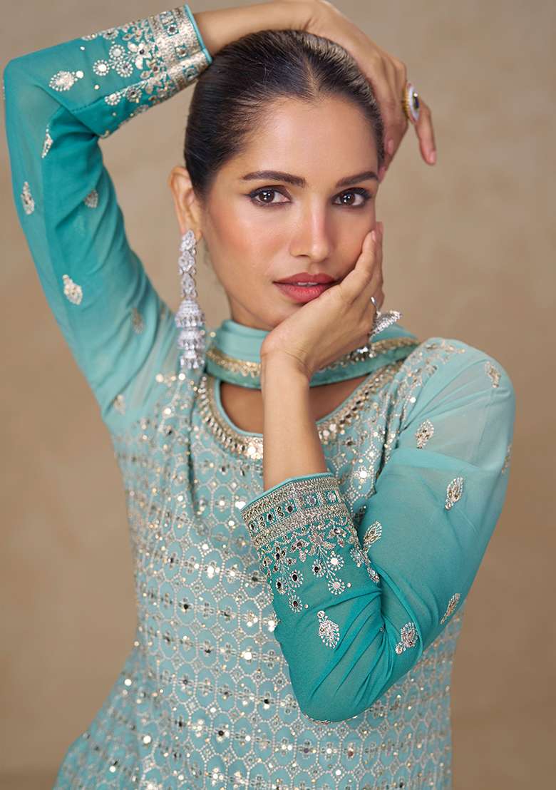 Blue Embroidery Georgette Salwar Kameez - Indya