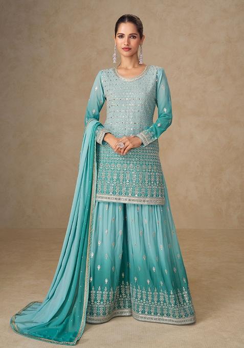 Blue Embroidery Georgette Salwar Kameez — view on Indya