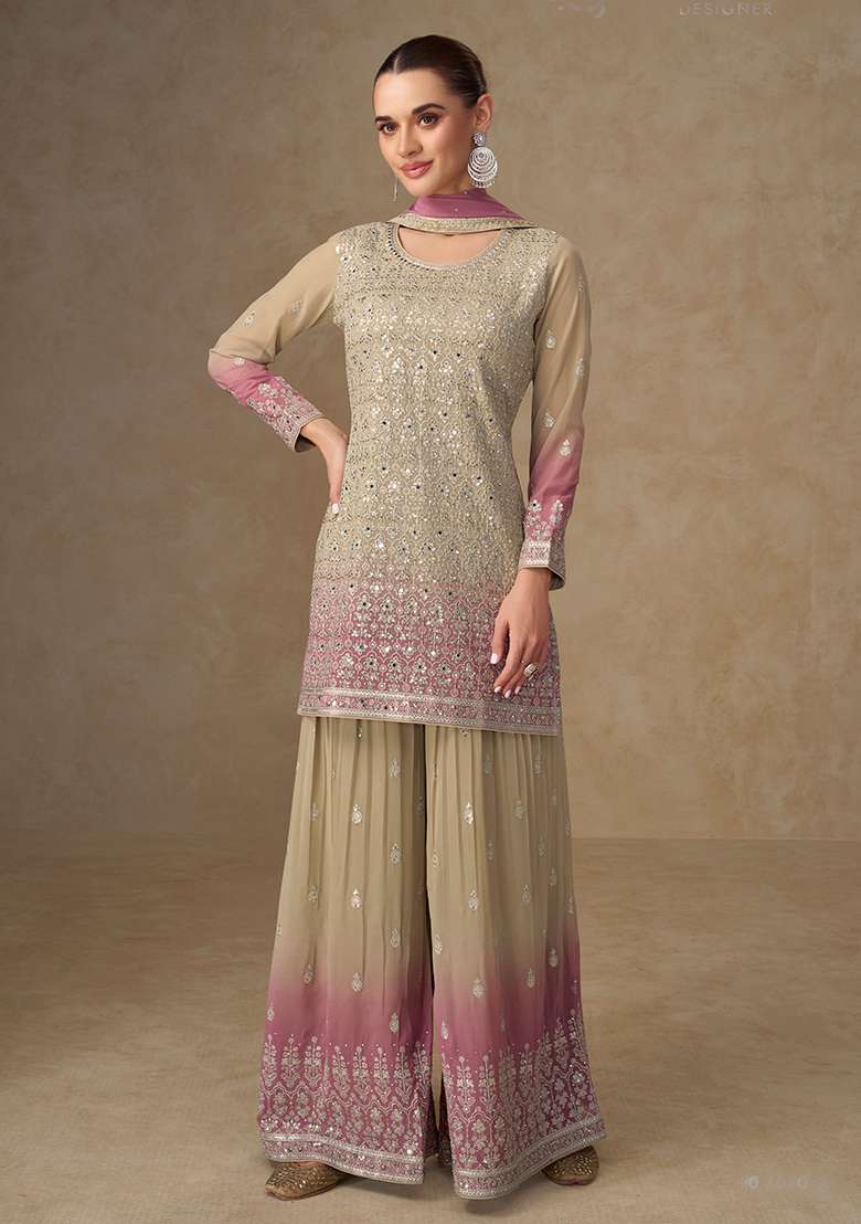 Light Yellow Pink Embroidery Georgette Salwar Kameez - Indya