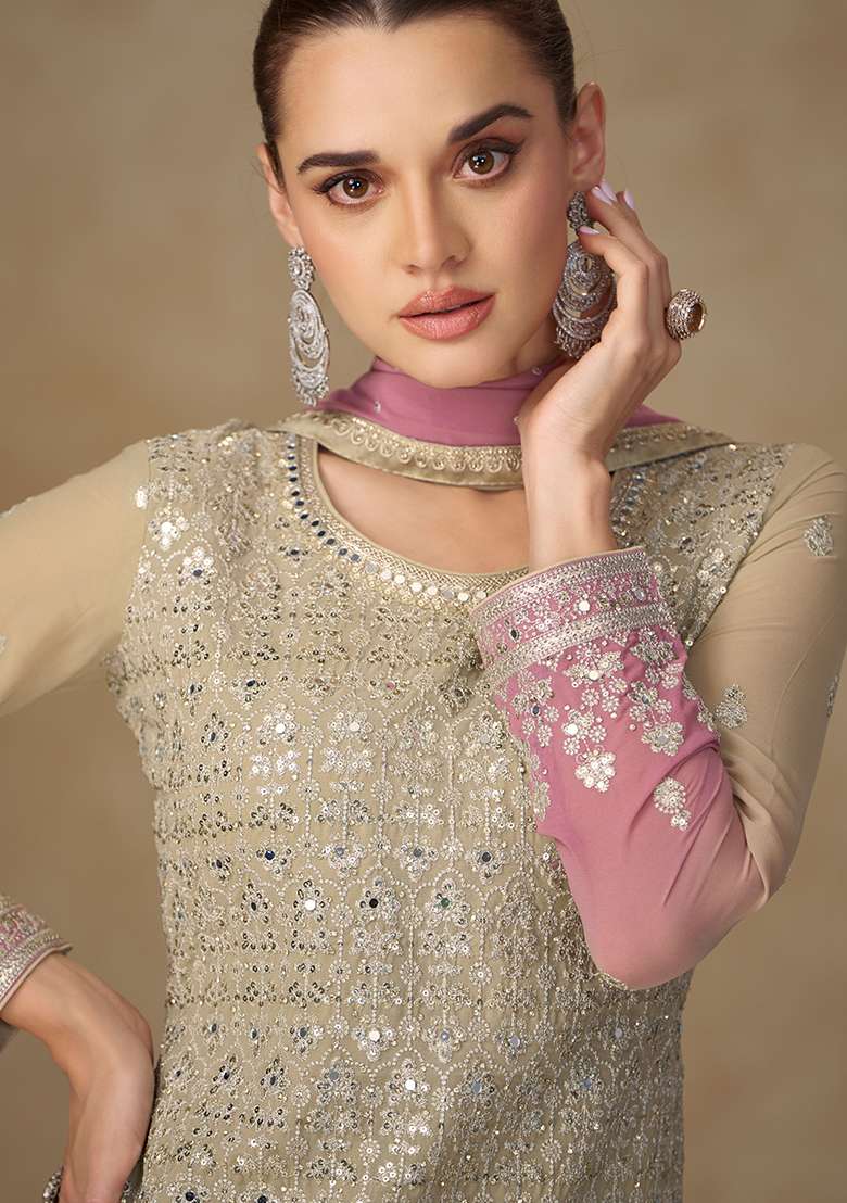 Light Yellow Pink Embroidery Georgette Salwar Kameez - Indya