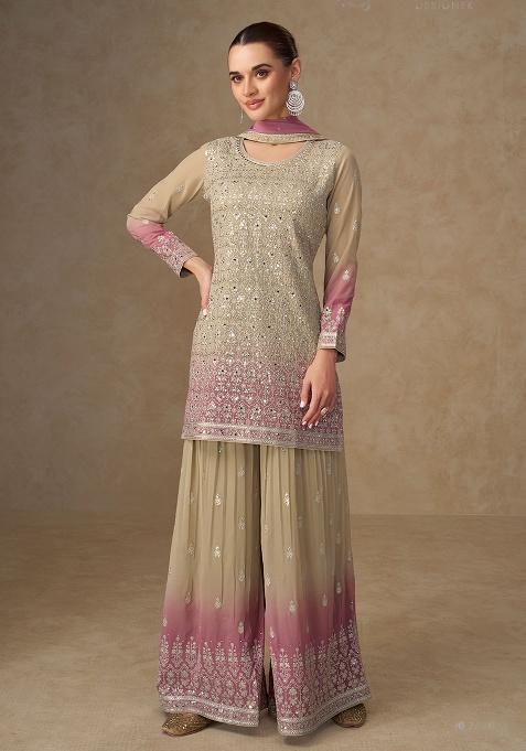 Light Yellow Pink Embroidery Georgette Salwar Kameez