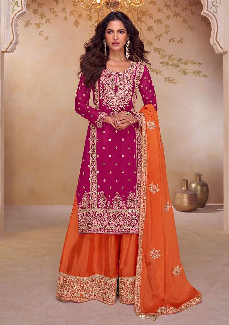 Rani Pink Embroidery Chinon Salwar Kameez - Indya