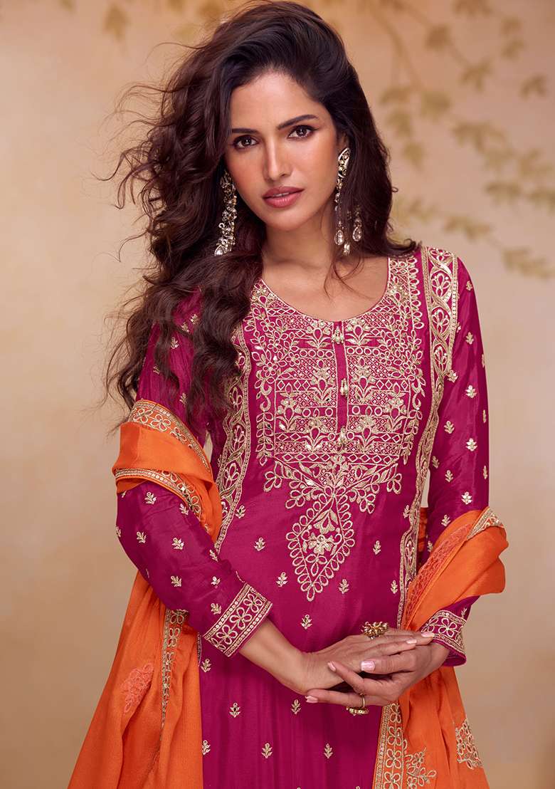 Rani Pink Embroidery Chinon Salwar Kameez - Indya