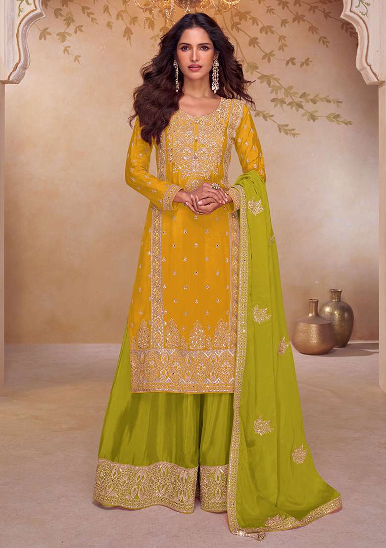Lime Yellow Embroidery Chinon Salwar Kameez - Indya