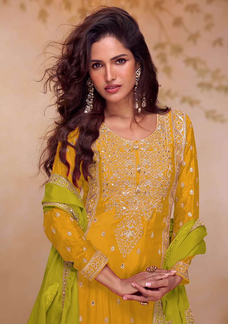Lime Yellow Embroidery Chinon Salwar Kameez - Indya
