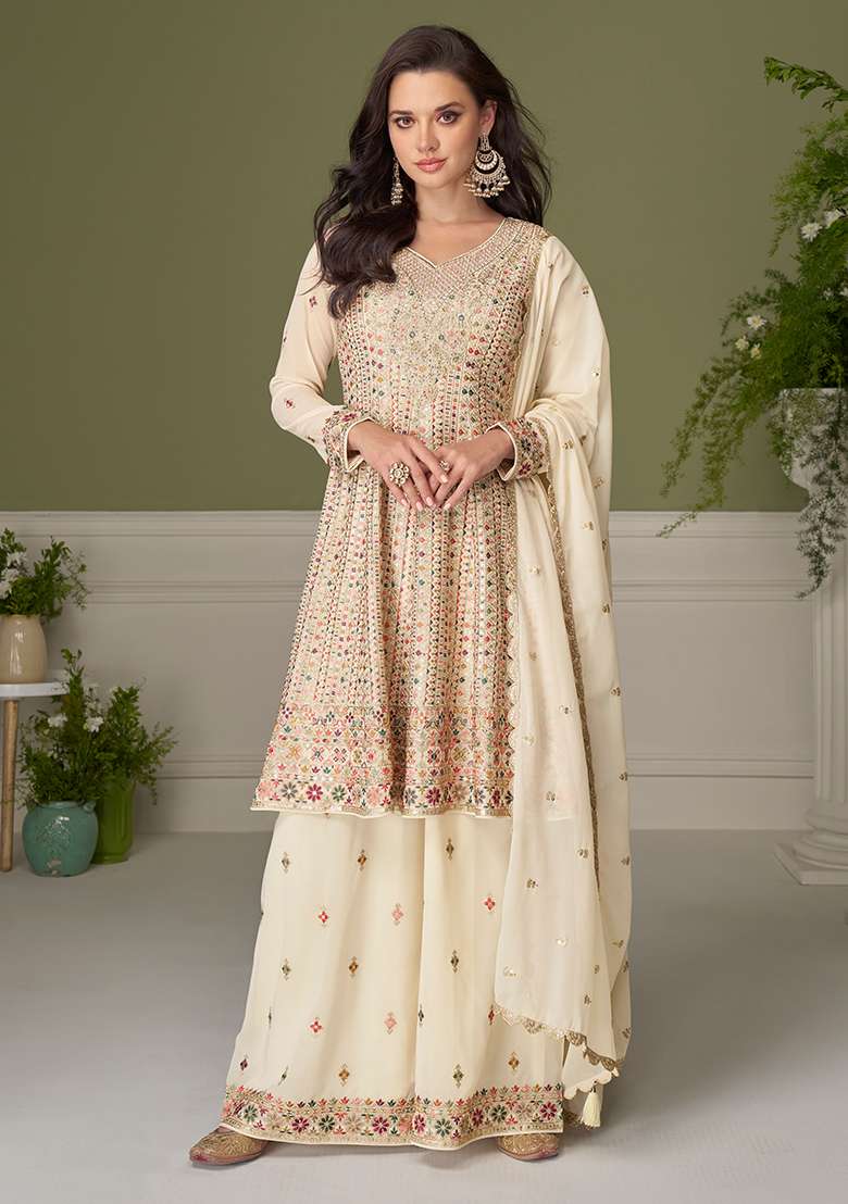 Off White Embroidery Georgette Salwar Kameez - Indya