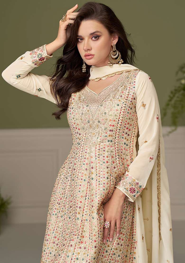 Off White Embroidery Georgette Salwar Kameez - Indya