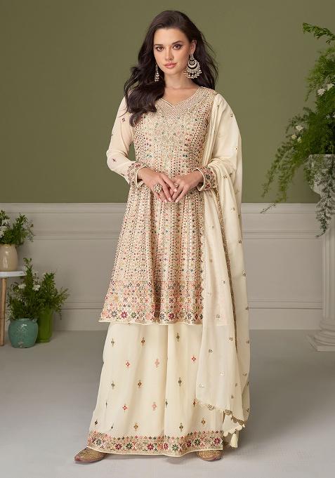 Off White Embroidery Georgette Salwar Kameez