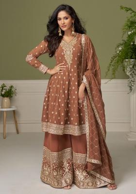Brown Embroidery Georgette Salwar Kameez