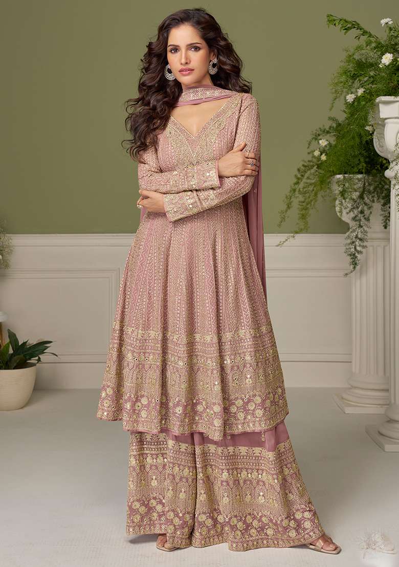 Pink Embroidery Georgette Salwar Kameez - Indya