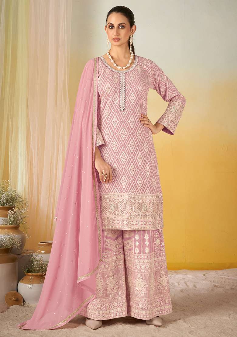 Pink Embroidery Georgette Salwar Kameez - Indya