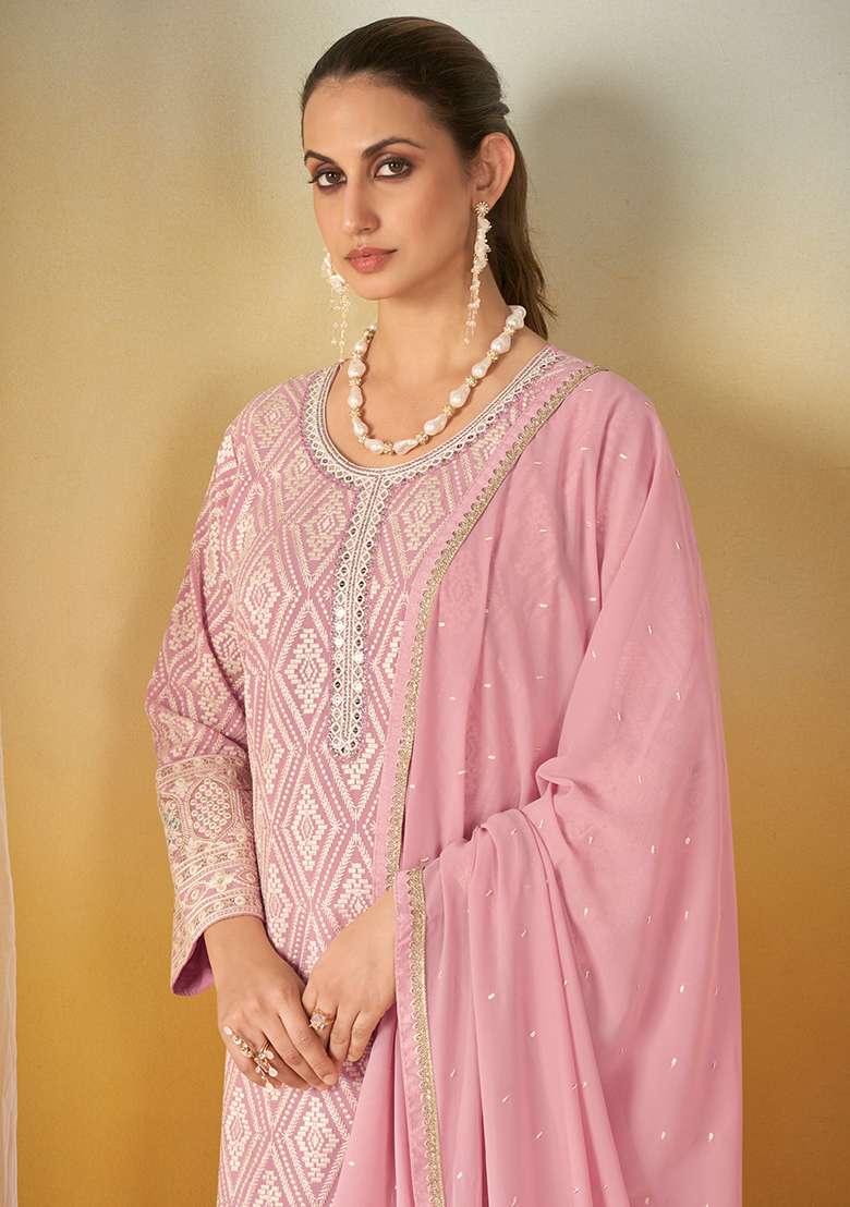Pink Embroidery Georgette Salwar Kameez - Indya