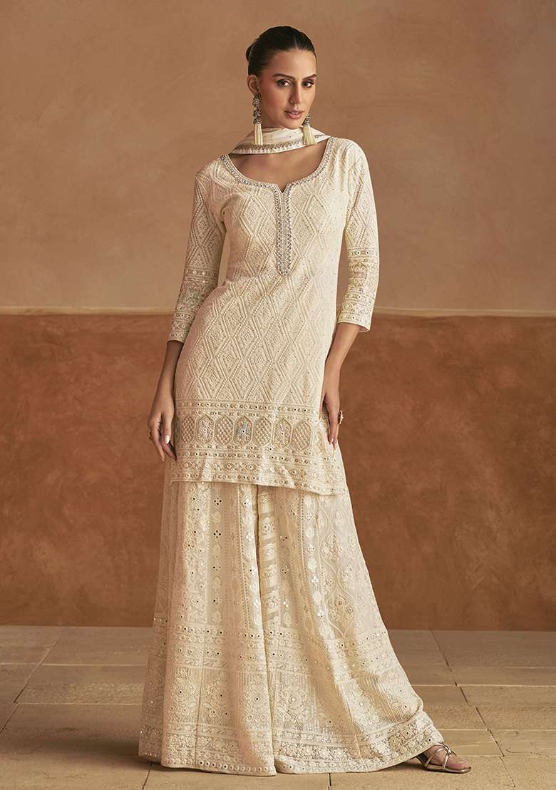 Off White Embroidery Georgette Salwar Kameez - Indya