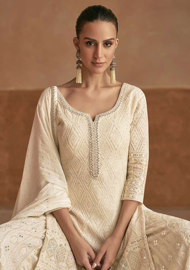 Off White Embroidery Georgette Salwar Kameez - Indya