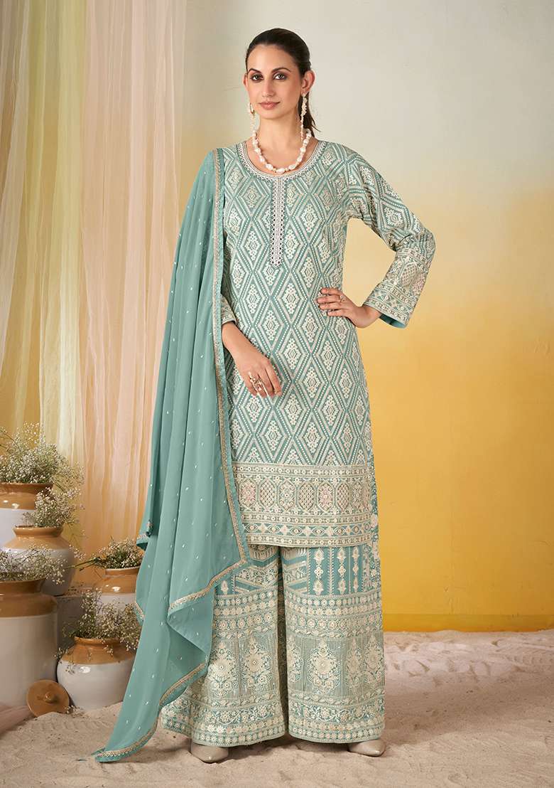 Sea Green Embroidery Georgette Salwar Kameez - Indya