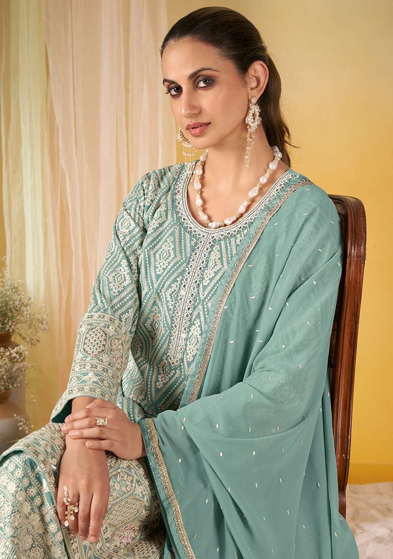 Sea Green Embroidery Georgette Salwar Kameez - Indya