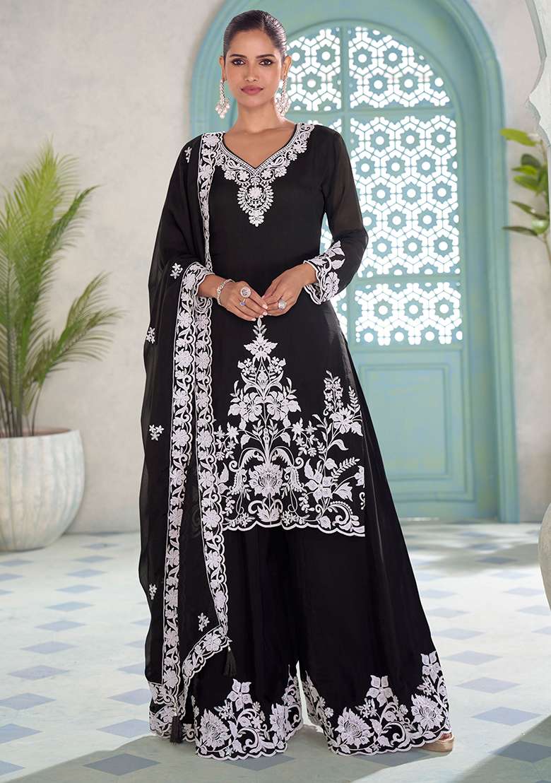 Black Embroidery Chinon Salwar Kameez - Indya