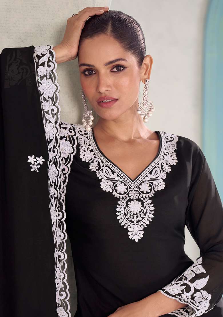 Black Embroidery Chinon Salwar Kameez - Indya