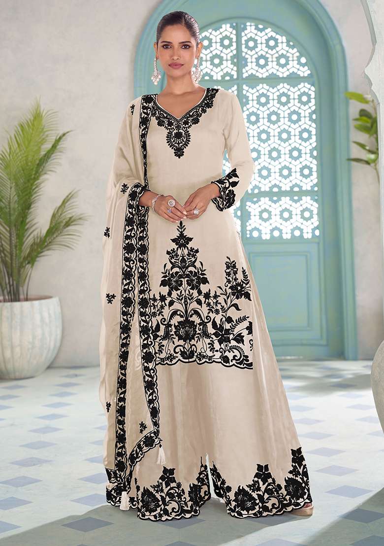White Embroidery Chinon Salwar Kameez - Indya