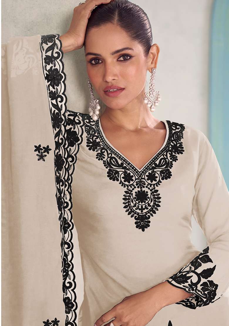 White Embroidery Chinon Salwar Kameez - Indya