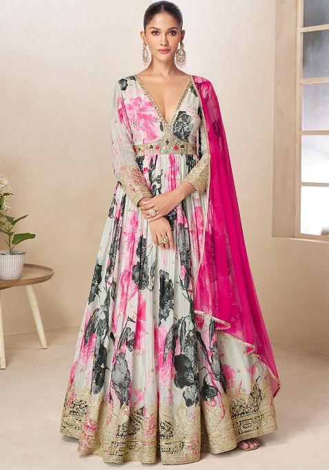 Multicolor Embroidery Chinon Salwar Kameez