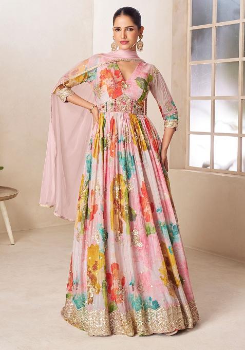 Multicolor Embroidery Chinon Salwar Kameez