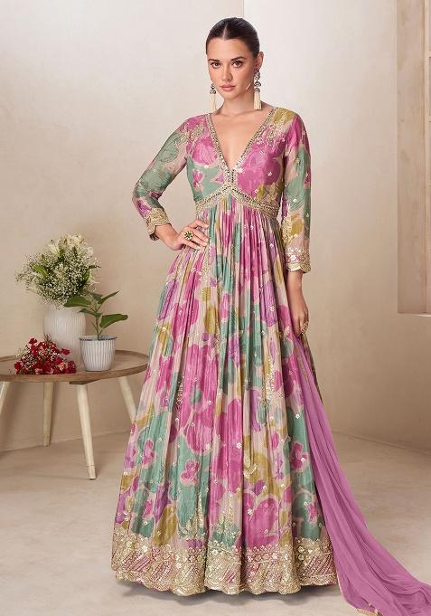 Multicolor Embroidery Chinon Salwar Kameez