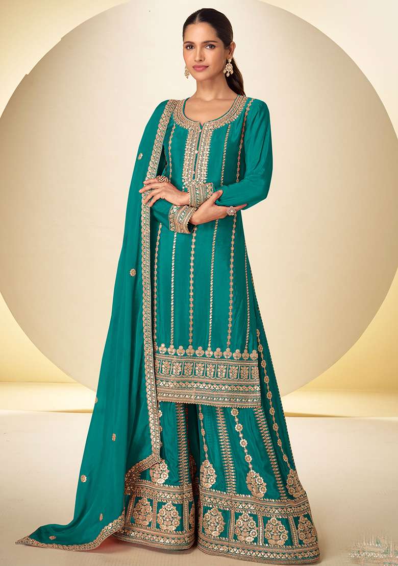 Teal Blue Embroidery Chinon Salwar Kameez - Indya