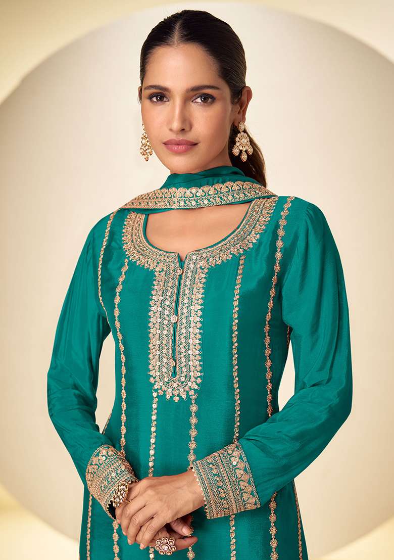 Teal Blue Embroidery Chinon Salwar Kameez - Indya