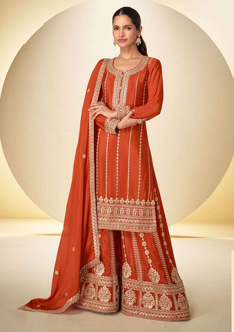 Orange Embroidery Chinon Salwar Kameez - Indya