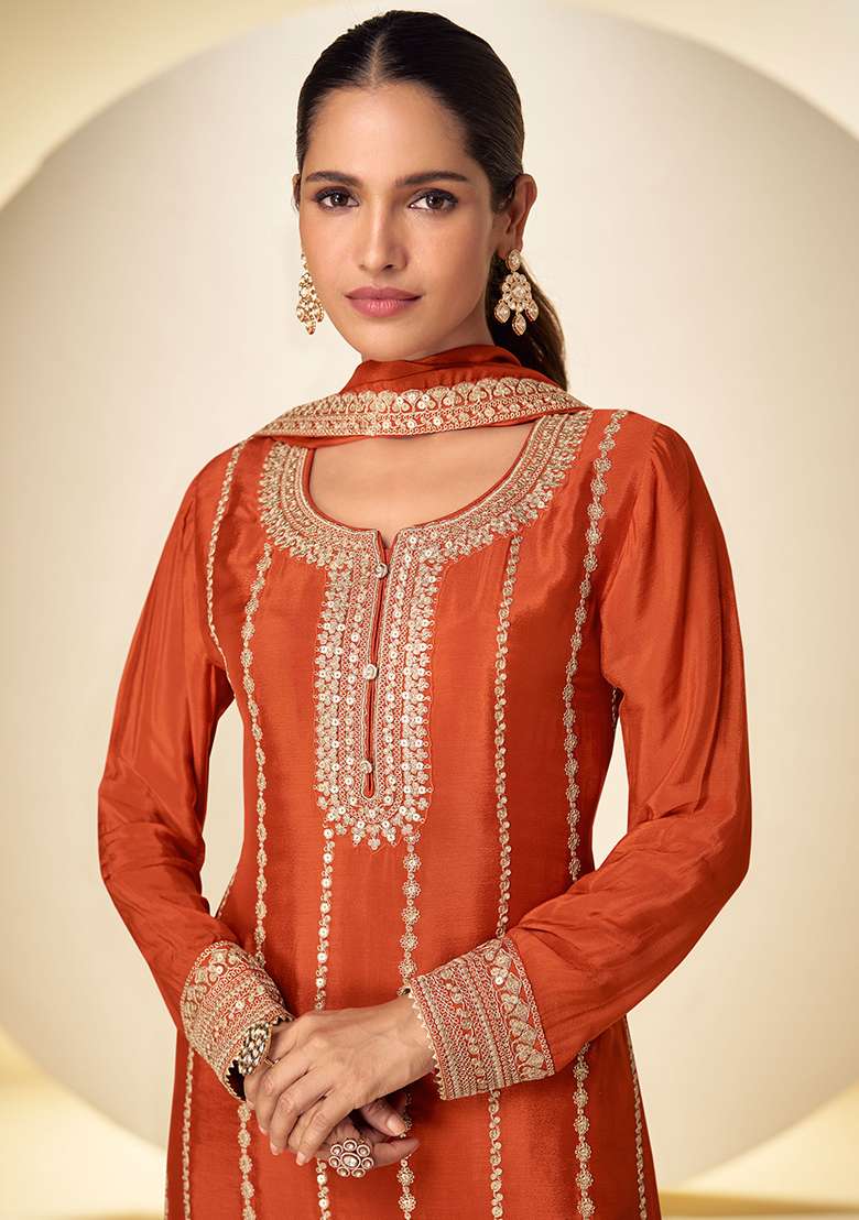 Orange Embroidery Chinon Salwar Kameez - Indya
