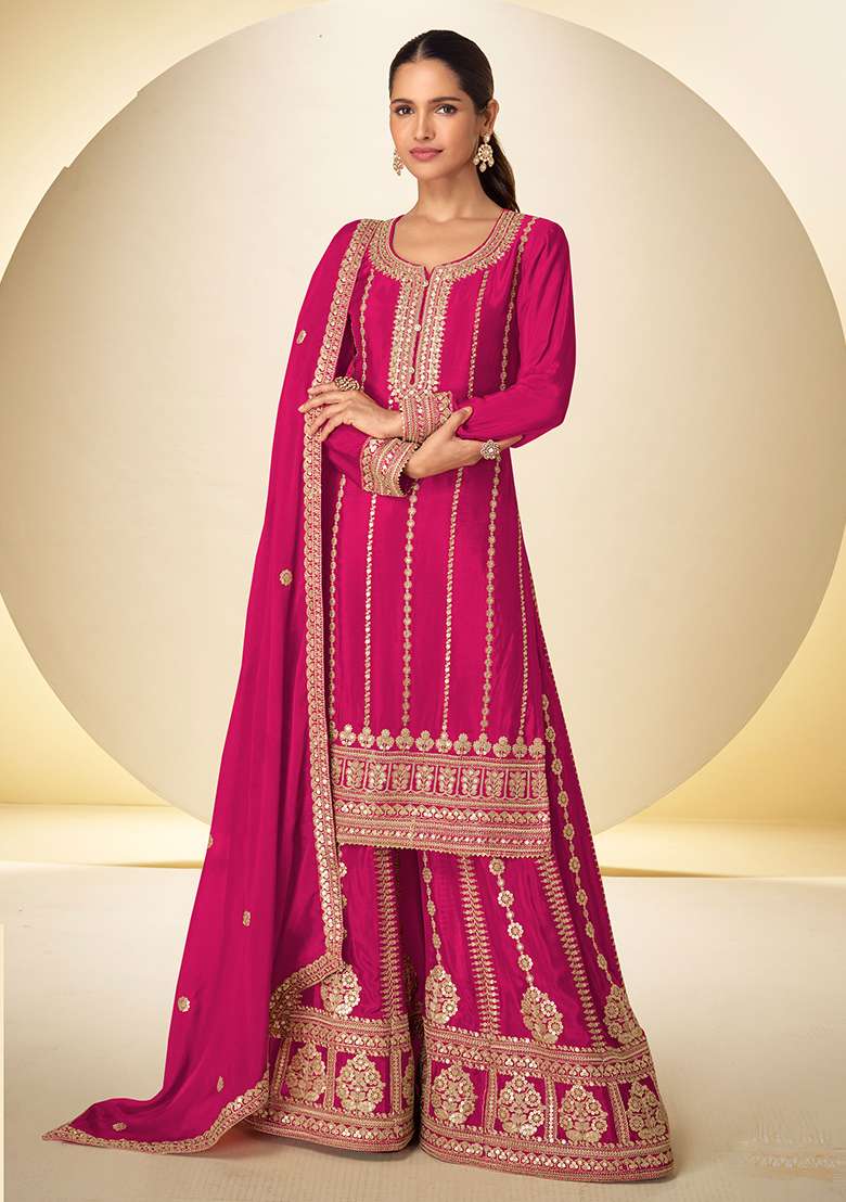 Pink Embroidery Chinon Salwar Kameez - Indya
