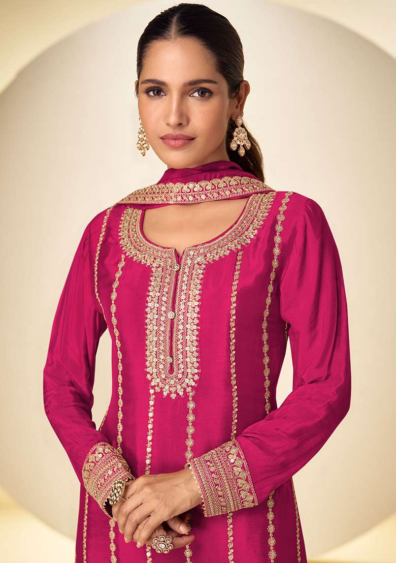 Pink Embroidery Chinon Salwar Kameez - Indya