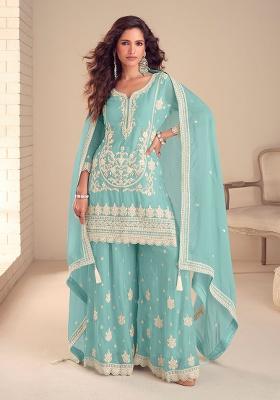 Blue Embroidery Chinon Salwar Kameez