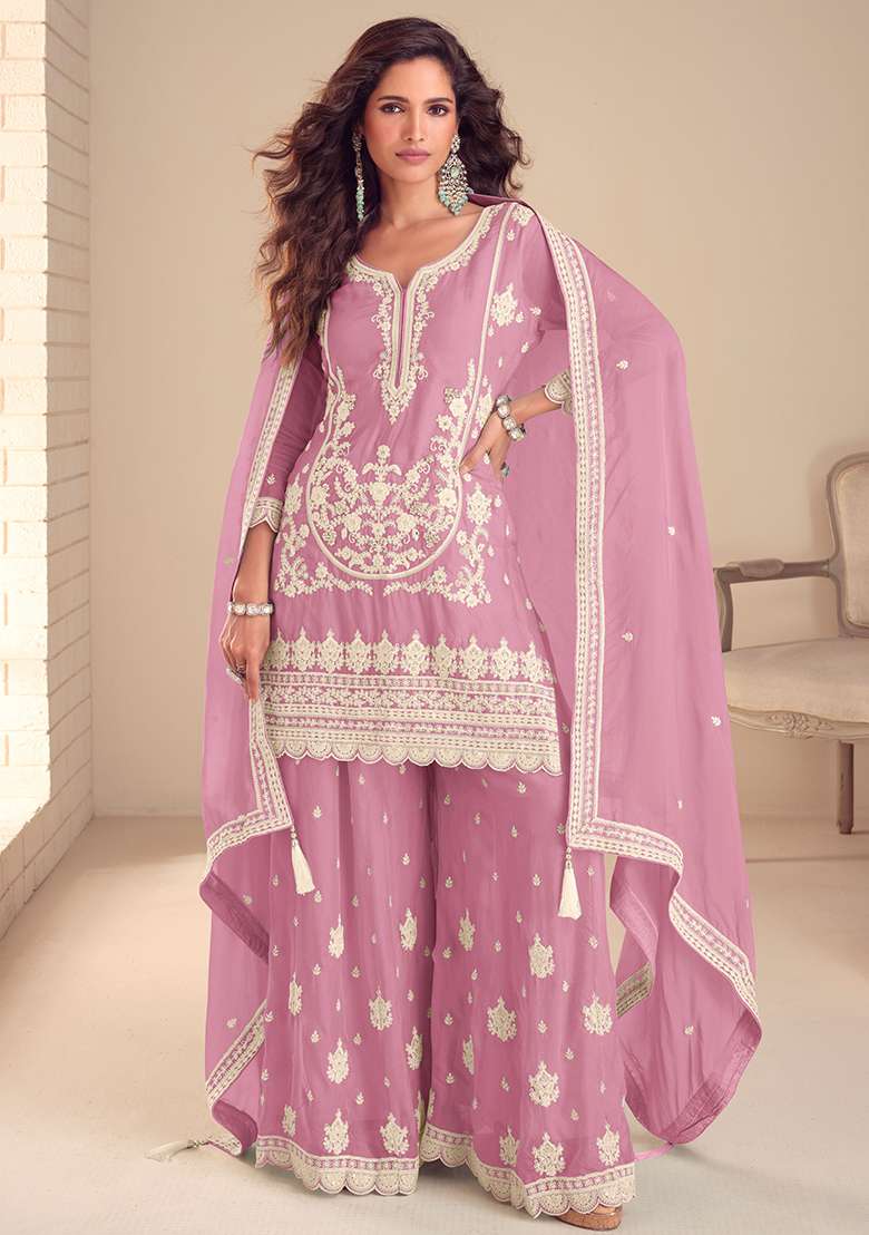 Pink Embroidery Chinon Salwar Kameez - Indya