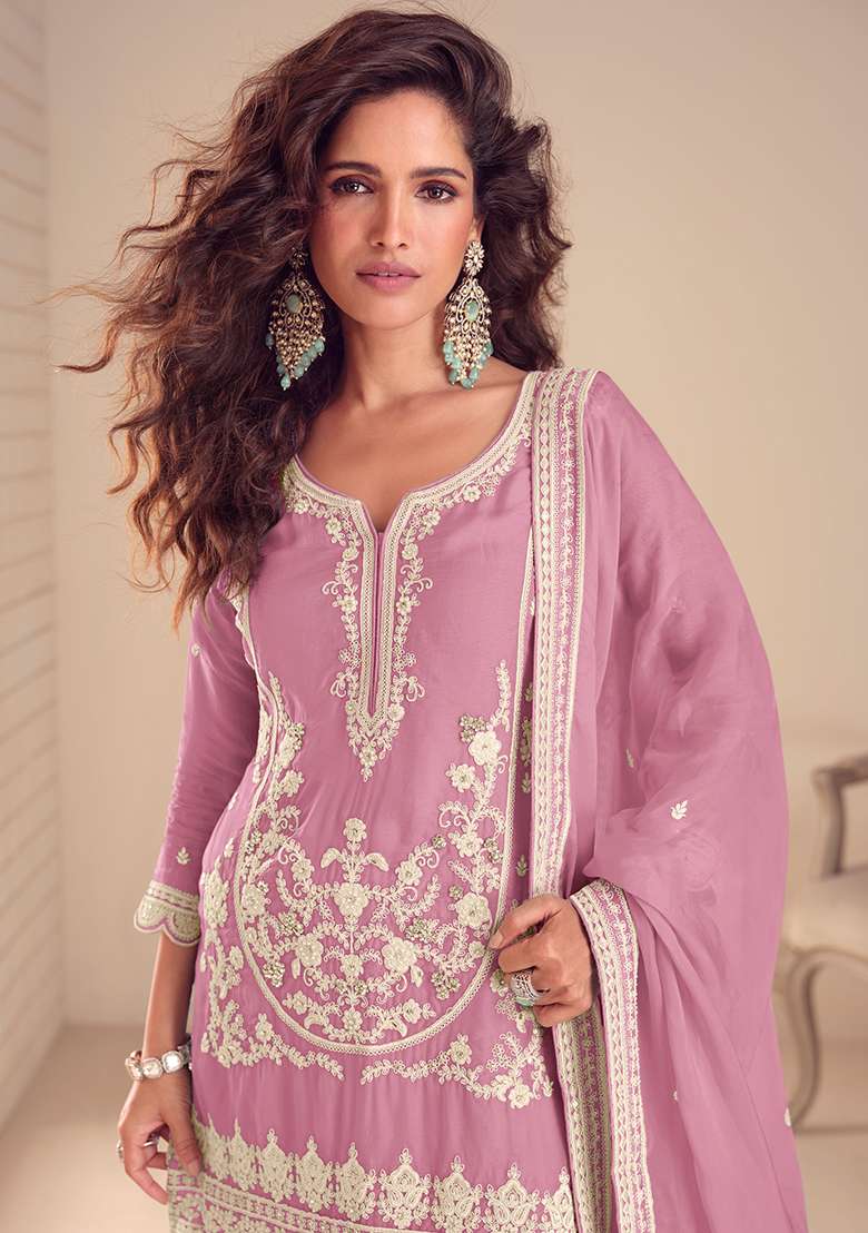 Pink Embroidery Chinon Salwar Kameez - Indya