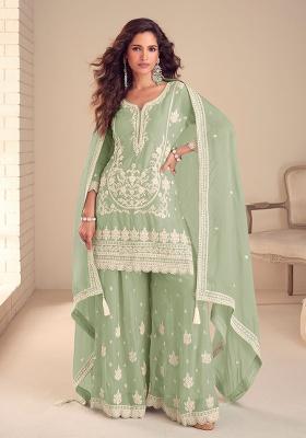 Sea Green Embroidery Chinon Salwar Kameez