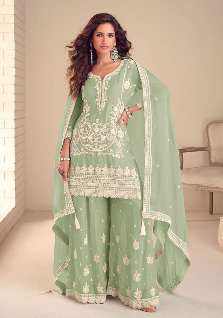 Sea Green Embroidery Chinon Salwar Kameez - Indya