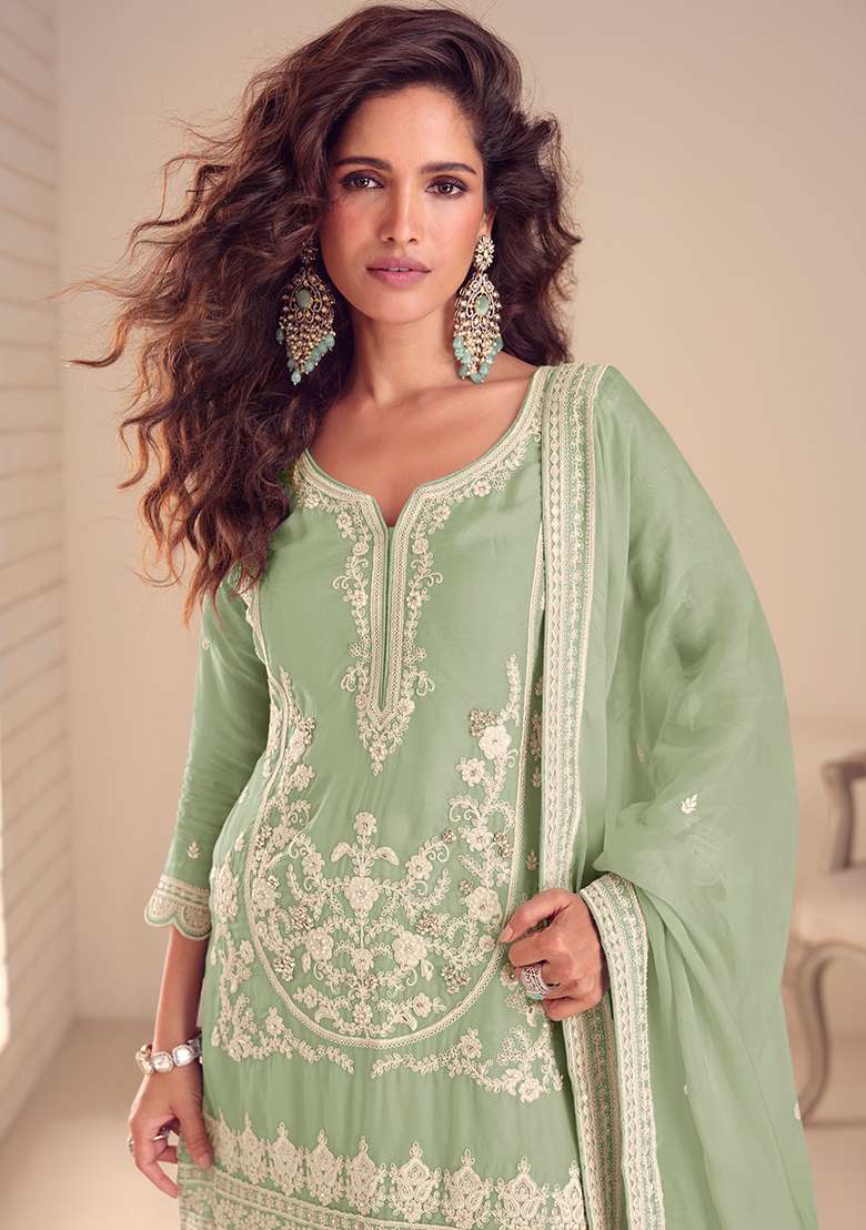 Sea Green Embroidery Chinon Salwar Kameez - Indya