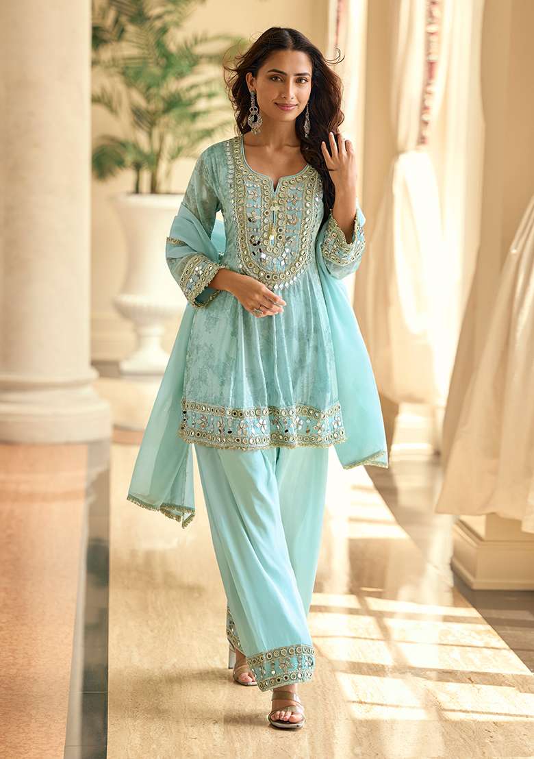 Blue Embroidery Silk Salwar Kameez - Indya