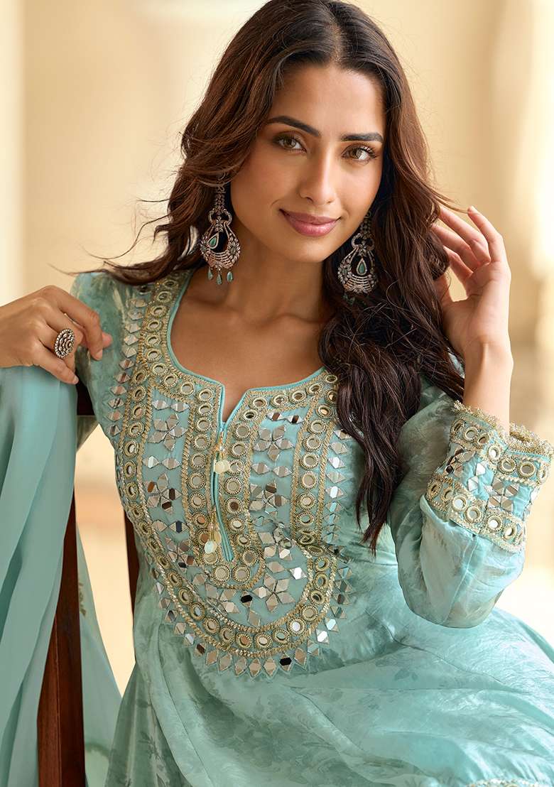 Blue Embroidery Silk Salwar Kameez - Indya