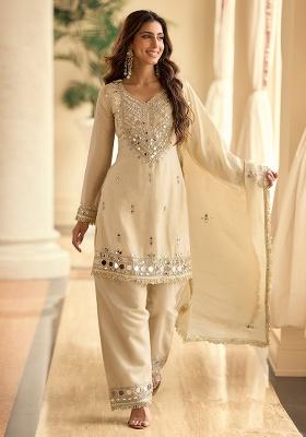 Beige Embroidery Silk Salwar Kameez